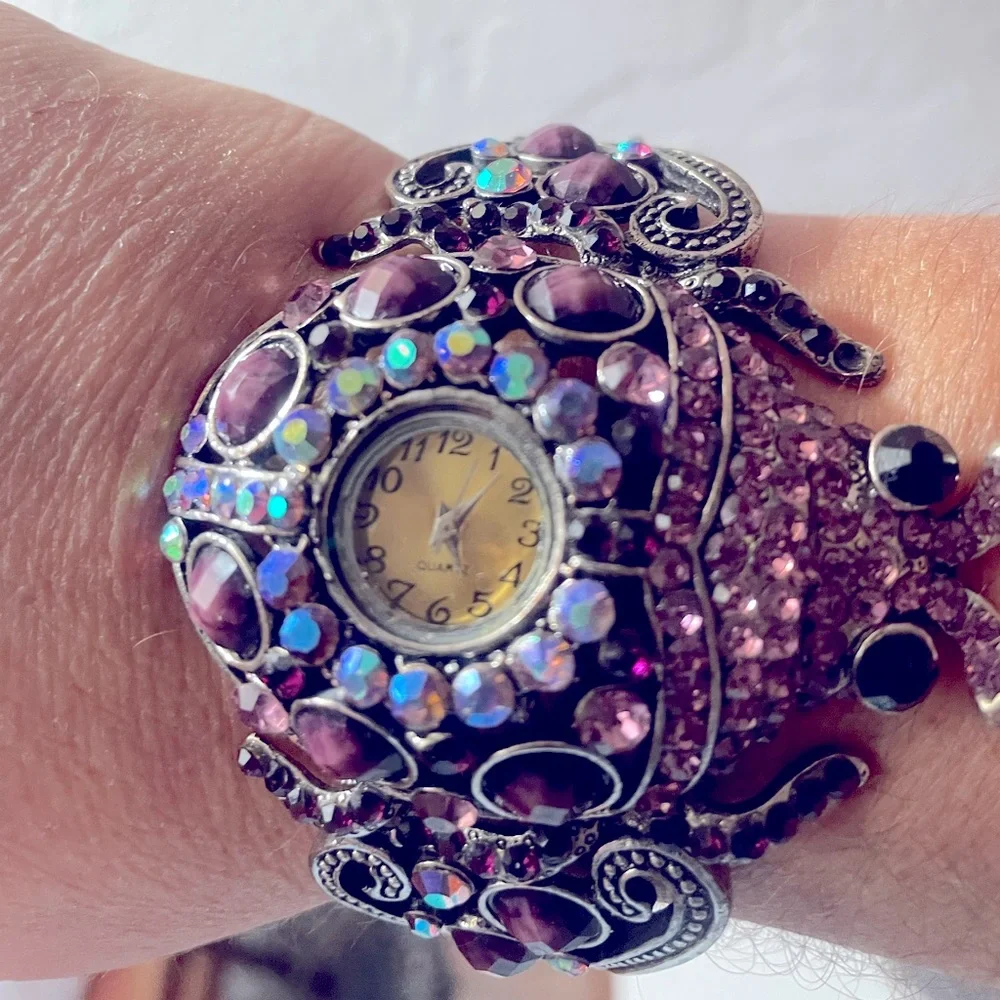 Bling rhinestone vintage watch lady bug in purple fit m to large